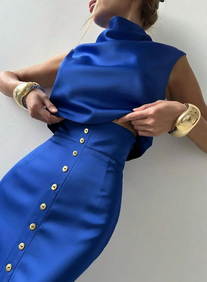 تايك تو Take Two Blue Satin Crop Top and High Rise Maxi Skirt Co-Ords
