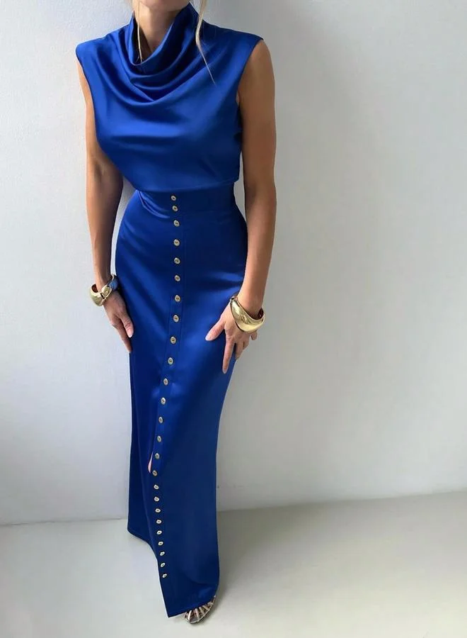 تايك تو Take Two Blue Satin Crop Top and High Rise Maxi Skirt Co-Ords