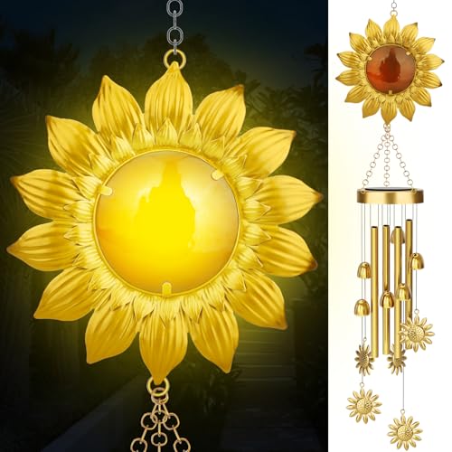 JYPS Solar Wind Chimes with Sunflower LED Lights, 42-Inch Large Waterproof Outdoor Garden Decor for Patio Yard, Unique Gifts for Women Mom Grandma, Mother's Day Birthday Easy-Install Design - Image 1
