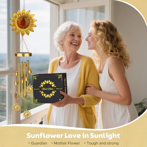 JYPS Solar Wind Chimes with Sunflower LED Lights, 42-Inch Large Waterproof Outdoor Garden Decor for Patio Yard, Unique Gifts for Women Mom Grandma, Mother's Day Birthday Easy-Install Design - Image 2