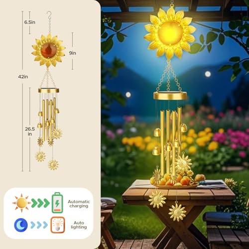 JYPS Solar Wind Chimes with Sunflower LED Lights, 42-Inch Large Waterproof Outdoor Garden Decor for Patio Yard, Unique Gifts for Women Mom Grandma, Mother's Day Birthday Easy-Install Design - Image 3