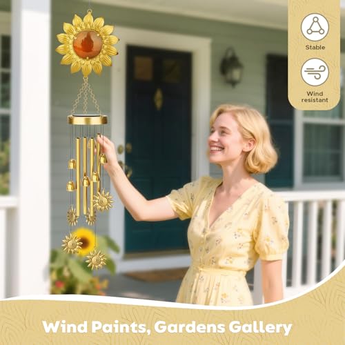 JYPS Solar Wind Chimes with Sunflower LED Lights, 42-Inch Large Waterproof Outdoor Garden Decor for Patio Yard, Unique Gifts for Women Mom Grandma, Mother's Day Birthday Easy-Install Design - Image 4