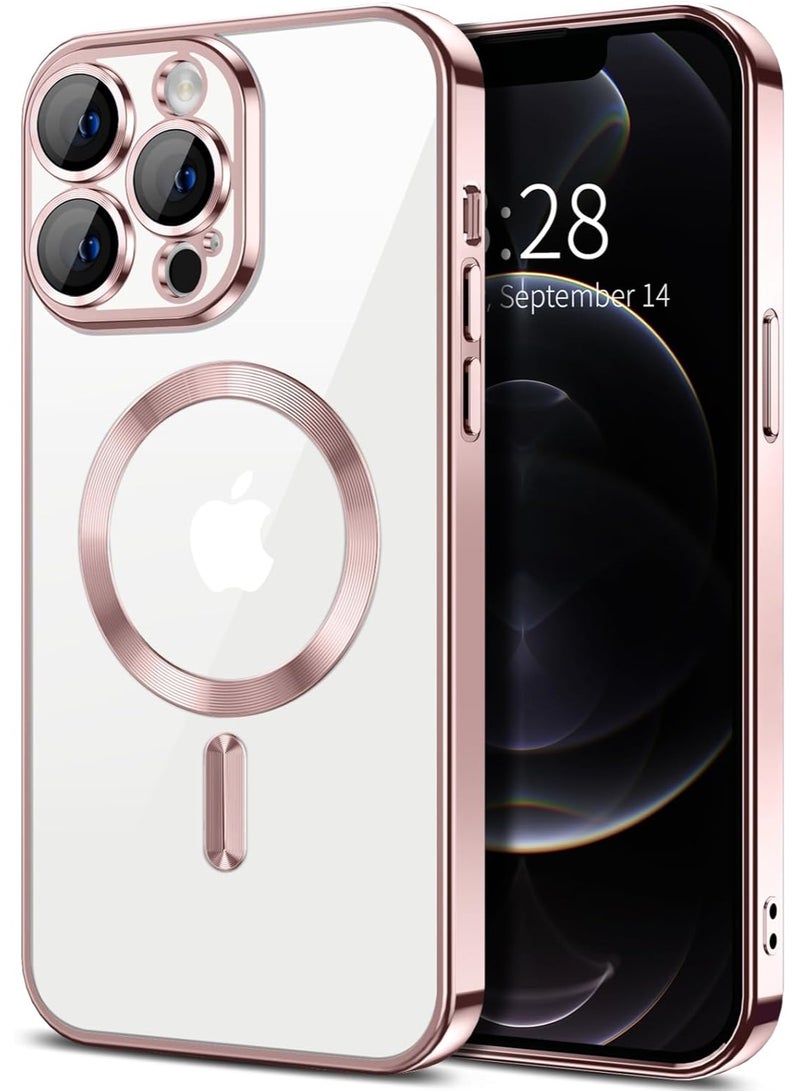 جراب مطلي بالكهرباء لهاتف iPhone 13 Pro Max مع حماية كاملة لعدسة الكاميرا متوافق مع الشحن اللاسلكي MagSafe، غطاء مغناطيسي ناعم مقاوم للصدمات من مادة TPU لهاتف iPhone 13 Pro Max (ذهبىي وردي) - Image 1