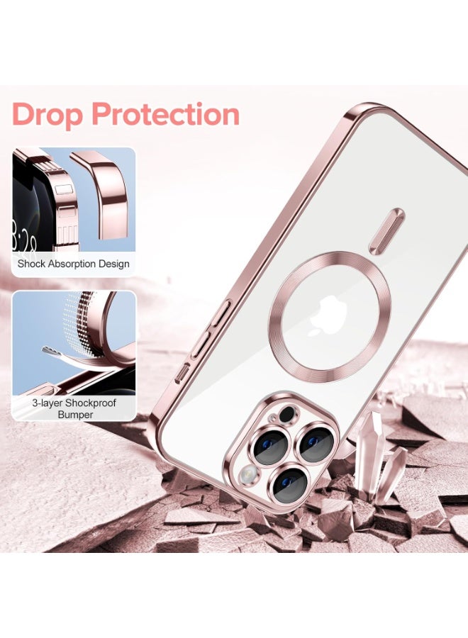 جراب مطلي بالكهرباء لهاتف iPhone 13 Pro Max مع حماية كاملة لعدسة الكاميرا متوافق مع الشحن اللاسلكي MagSafe، غطاء مغناطيسي ناعم مقاوم للصدمات من مادة TPU لهاتف iPhone 13 Pro Max (ذهبىي وردي) - Image 3