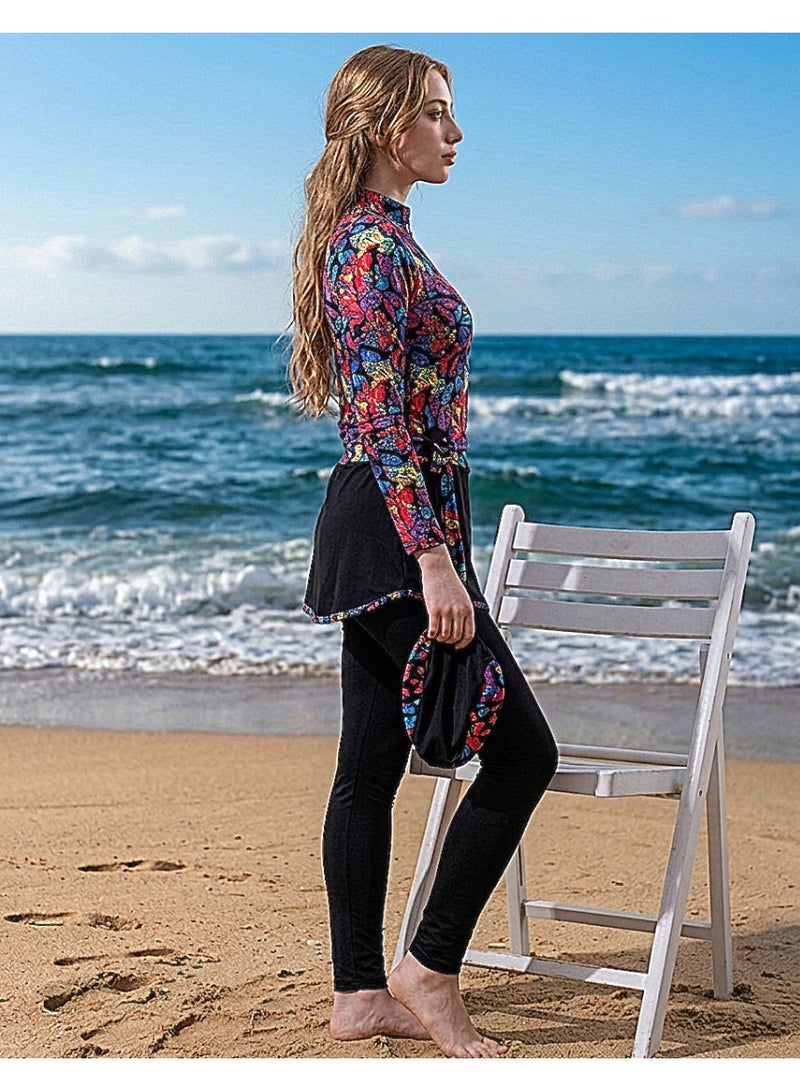 Burkini with a confusing design, long sleeves and vibrant prints, quick-drying jumpsuit - turban - and black skirt - Image 2