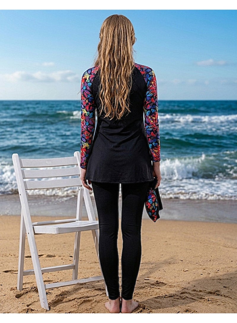 Burkini with a confusing design, long sleeves and vibrant prints, quick-drying jumpsuit - turban - and black skirt - Image 3