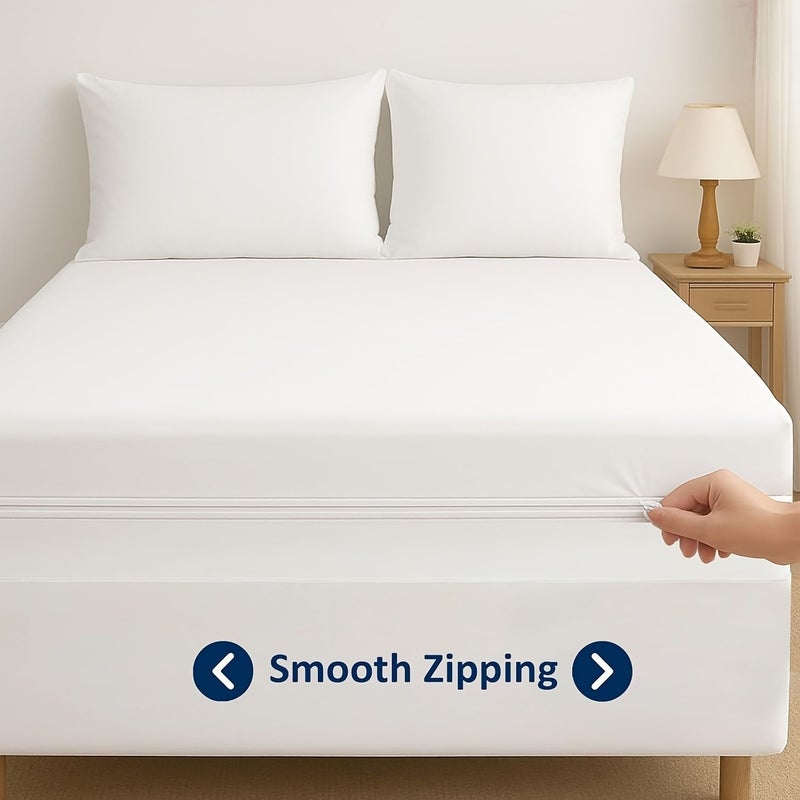Dark Gray 3pcs Brushed Thickened Zipper Mattress Protector Fitted Sheet And Pillowcase Set 47.24 By 78.74 Inch Full Coverage Skin Friendly Breathable Machine Washable Home Bedding - Image 2