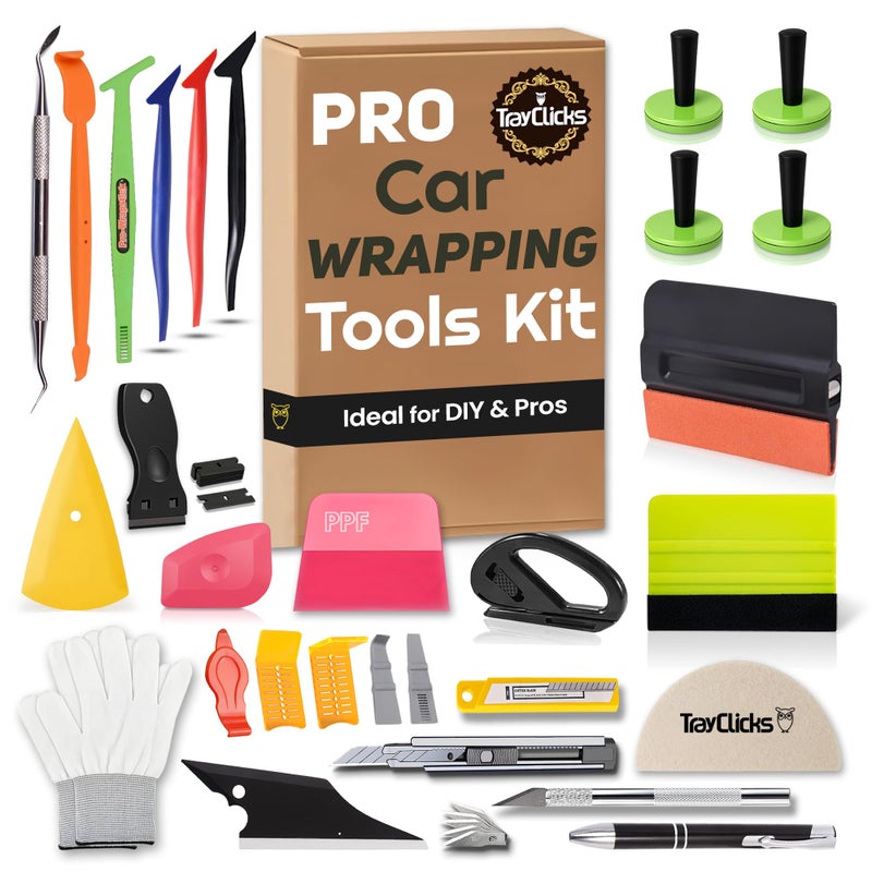 Trayclicks Vinyl Wrap Tool Kit Car Wrap Kit Vehicle Wrapping Tools with Felt Squeegee Utility Knife Magnetic Holders Gloves PPF Tools Stick Tucking for Wraps Automotive Window Tint Tool Installation - Image 1