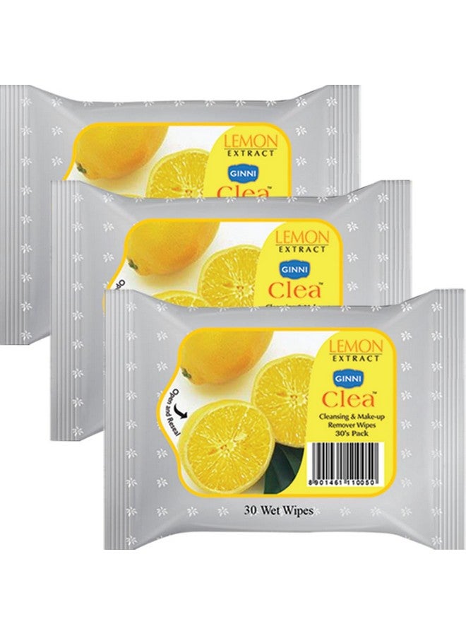جيني مناديل مبللة من جيني، مناديل تنظيف وإزالة المكياج، مناديل مبللة لترطيب الوجه برائحة الليمون المنعشة (عبوة من 3 قطع) 30 منديل/عبوة - Image 1