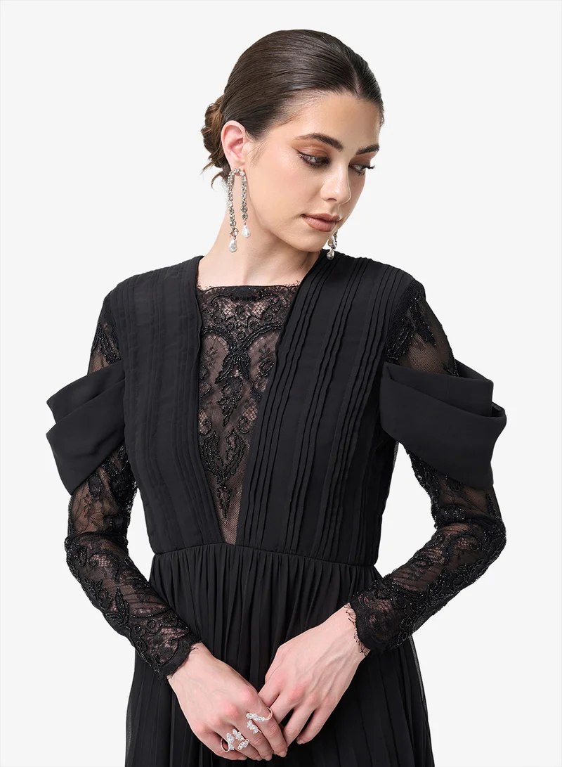 Threadz by Ajooni  Embellished Lace Detailed Long Sleeve Midi Dress for Women | Best Price UAE