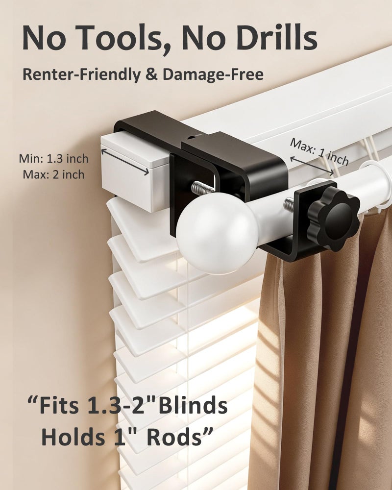 Mimiio Over Blinds Curtain Rod Brackets for Outside Mounted, No-Drill Blinds Curtain Rod Holders for 1.3-2" Rectangular Headrails, Tool-Free & No Wall Damage, Apartment & Renter Friendly (Set of 3, Black) - Image 2