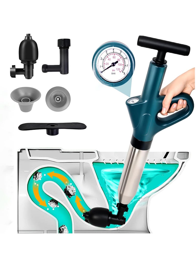 YelaJoy Toilet High Pressure Dredging Tool, Heavy Duty Power Plunger Clog Remover Declogger Toilet Plumbing Clogs, Multi-Powered Dredging Tool with Visual Pressure Gauge, Suitable for Toilets, Sinks, Shower Drains, Floor Drains (6 Pcs Green) - Image 1