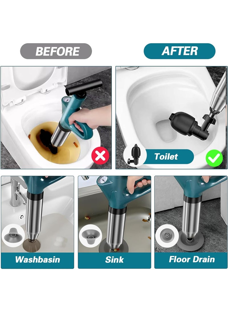 YelaJoy Toilet High Pressure Dredging Tool, Heavy Duty Power Plunger Clog Remover Declogger Toilet Plumbing Clogs, Multi-Powered Dredging Tool with Visual Pressure Gauge, Suitable for Toilets, Sinks, Shower Drains, Floor Drains (6 Pcs Green) - Image 4