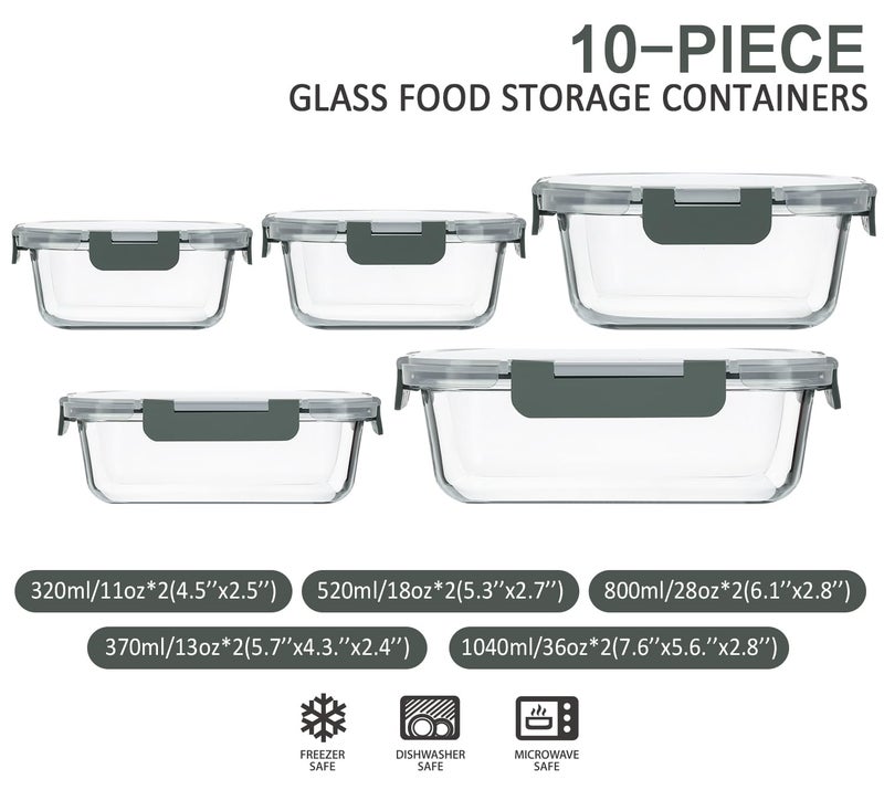 M MCIRCO 10-Pack Glass Food Storage Container with Lids, Airtight Lunch Bento Boxes, Glass Meal Prep Container,Microwave, Oven, Freezer and Dishwasher Friendly - Image 2