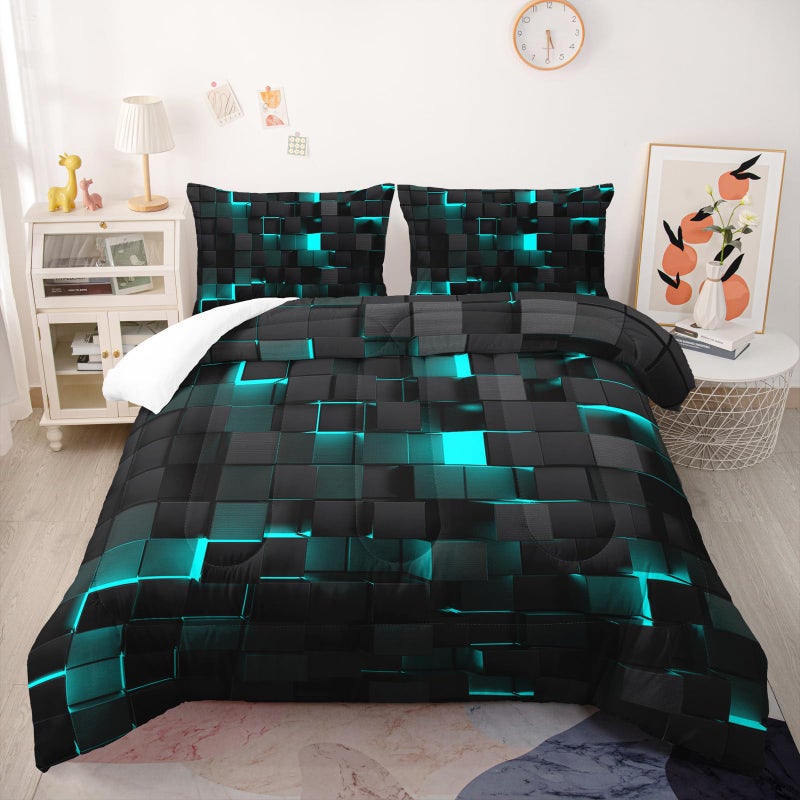 Nttopship Geometric Turquoise Black Comforter Set,Light Honeycomb 3 Piece Bedding Set Twin Size for Teen Boys,Modern Quilt Set Geometry Decor,Microfiber Lightweight 1 Comforter 2 Pillowcases All Season - Image 2