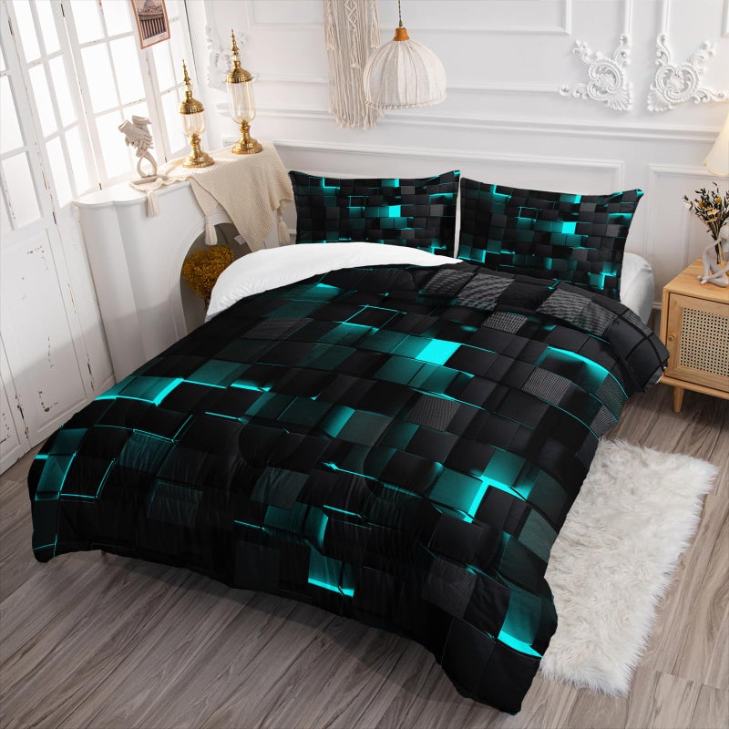 Nttopship Geometric Turquoise Black Comforter Set,Light Honeycomb 3 Piece Bedding Set Twin Size for Teen Boys,Modern Quilt Set Geometry Decor,Microfiber Lightweight 1 Comforter 2 Pillowcases All Season - Image 3