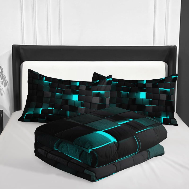 Nttopship Geometric Turquoise Black Comforter Set,Light Honeycomb 3 Piece Bedding Set Twin Size for Teen Boys,Modern Quilt Set Geometry Decor,Microfiber Lightweight 1 Comforter 2 Pillowcases All Season - Image 4