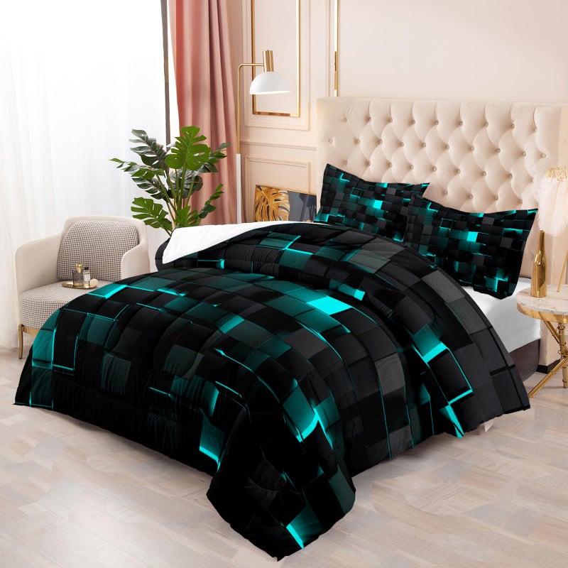 Nttopship Geometric Turquoise Black Comforter Set,Light Honeycomb 3 Piece Bedding Set Twin Size for Teen Boys,Modern Quilt Set Geometry Decor,Microfiber Lightweight 1 Comforter 2 Pillowcases All Season - Image 1