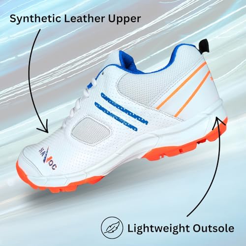 Prokick Havoc Cricket Shoes for Men and Women|Lightweight & Durable Cricket Shoes|PVC Studs Spikes Sports Shoe for Unisex|Synthetic Leather Upper Sports Shoes|EVA Sockliner, WHITE/ORANGE/BLUE-11 UK - Image 4