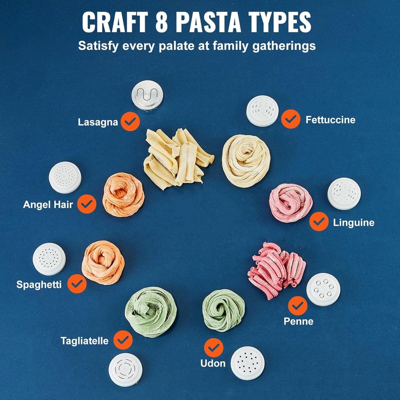 VEVOR Electric Pasta Maker, 150W Automatic Noodle Maker Machine with 8 Pasta Shapes, 4 Intelligent Modes, 500g Flour Capacity Pasta Maker Machine with Measuring Cups, Cleaning Brush for Home Kitchen - Image 3