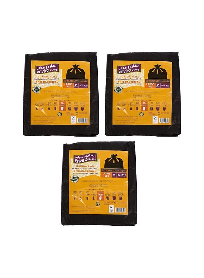 Enviro Guard Black Garbage Bags Large 55 Gallons (80 x 110 cm) – Heavy Duty Flat Type Trash Bags, Strong & Leak Resistant Bin Liners – 15 Bags per Pack, Pack of 3 (45 Bags Total) - Image 1