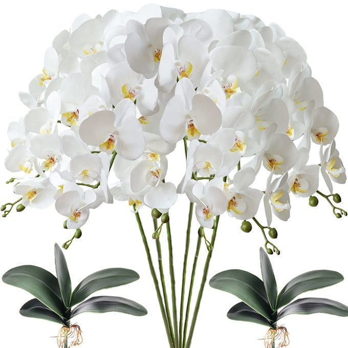 6 PCS ARTIFICIAL PHALAENOPSIS FLOWERS WITH 2 BUNDLES LEAVES ARTIFICIAL ORCHID FLOWERS STEM PLANTS FOR HOME DCOR