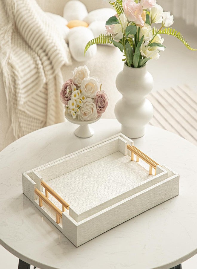 MACVAD 2 Piece Woven Leather Ottoman Tray with Gold Handles, Perfect Rectangular Serving Tray for Living Room, Coffee Table Tray as Thoughtful Gift for Home Decor Enthusiasts (White) - Image 3