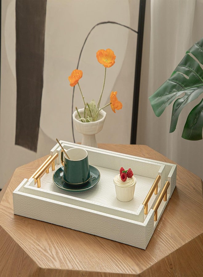MACVAD 2 Piece Woven Leather Ottoman Tray with Gold Handles, Perfect Rectangular Serving Tray for Living Room, Coffee Table Tray as Thoughtful Gift for Home Decor Enthusiasts (White) - Image 2