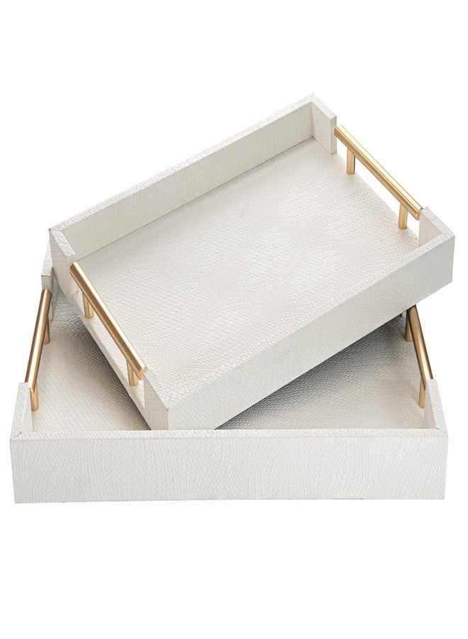 MACVAD 2 Piece Woven Leather Ottoman Tray with Gold Handles, Perfect Rectangular Serving Tray for Living Room, Coffee Table Tray as Thoughtful Gift for Home Decor Enthusiasts (White) - Image 1