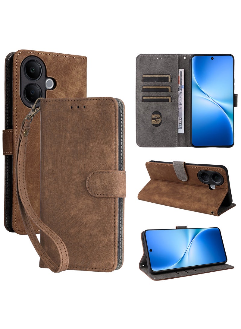 غطاء قابل للطي لهاتف Vivo V60 Lite مزود بحزام يد قابل للإزالة، مصنوع من جلد PU، يوفر حماية شاملة مضادة للصدمات، كما يتميز بتقنية RFID للحماية من السرقة، وتصميم محفظة أنيق بغطاء فوليو عملي. - Image 1
