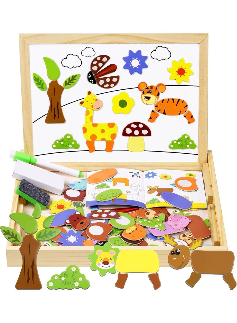 أكثر من 100 قطعة من ألعاب تركيب الصور المقطوعة الخشبية المغناطيسية للحيوانات مع حامل السبورة، ألعاب تعليمية مزدوجة الجوانب للأطفال من سن 3 سنوات، ألعاب ألغاز تعليمية ممتعة |الاشكال قد تتغير عن الصور - Image 1