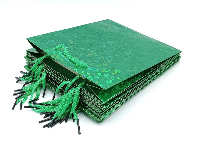 Gold Leaf GOLD LEAF Green Color 12Pcs Glitter Paper Bags With Handles,Reusable Iridescent Gift Bags for Gift Giving, Baby Shower Gift Bags,Christmas, Party Wrapping Solution(18 x 7.5 x 22 Cm)  - Image 4