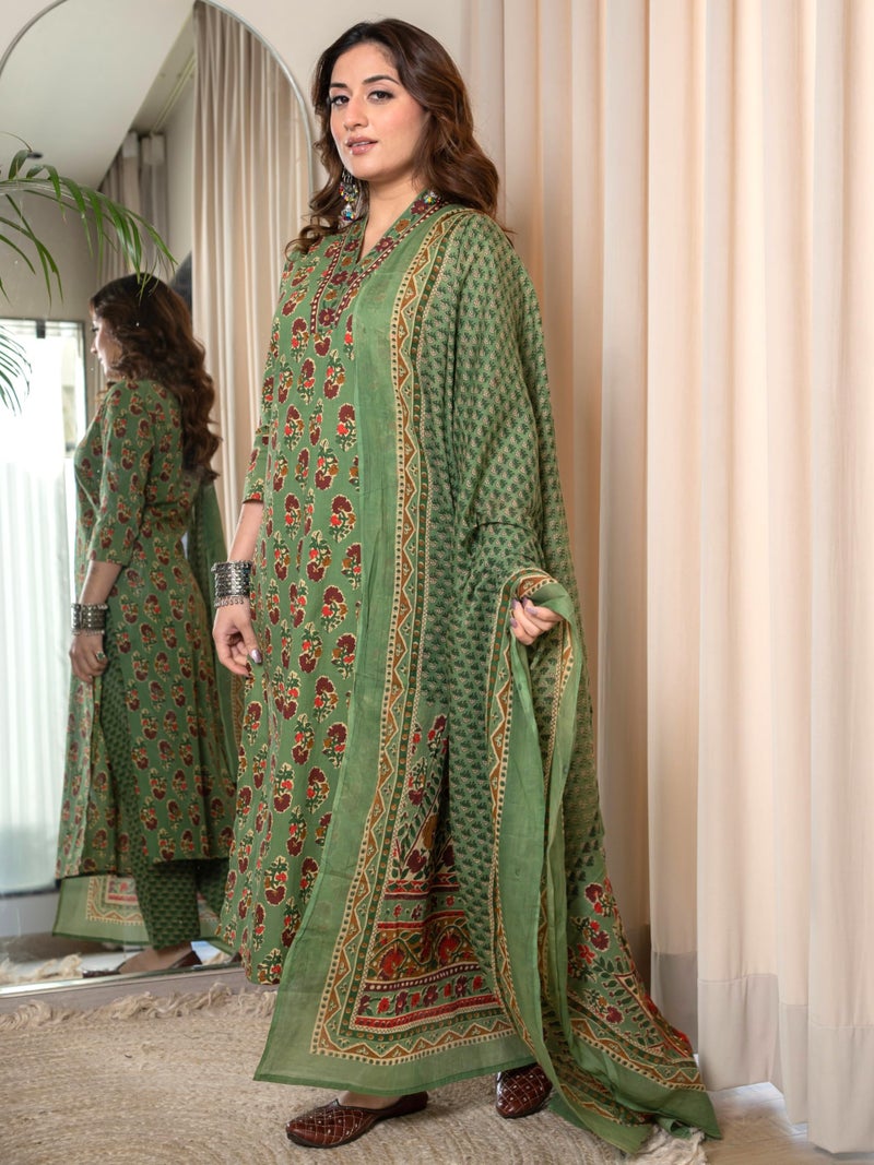 Arayna Women’s Cotton Printed Kurta Set with Pants & Dupatta – 3/4 Sleeve | Elegant Ethnic Wear, Green, XX-Large - Image 5