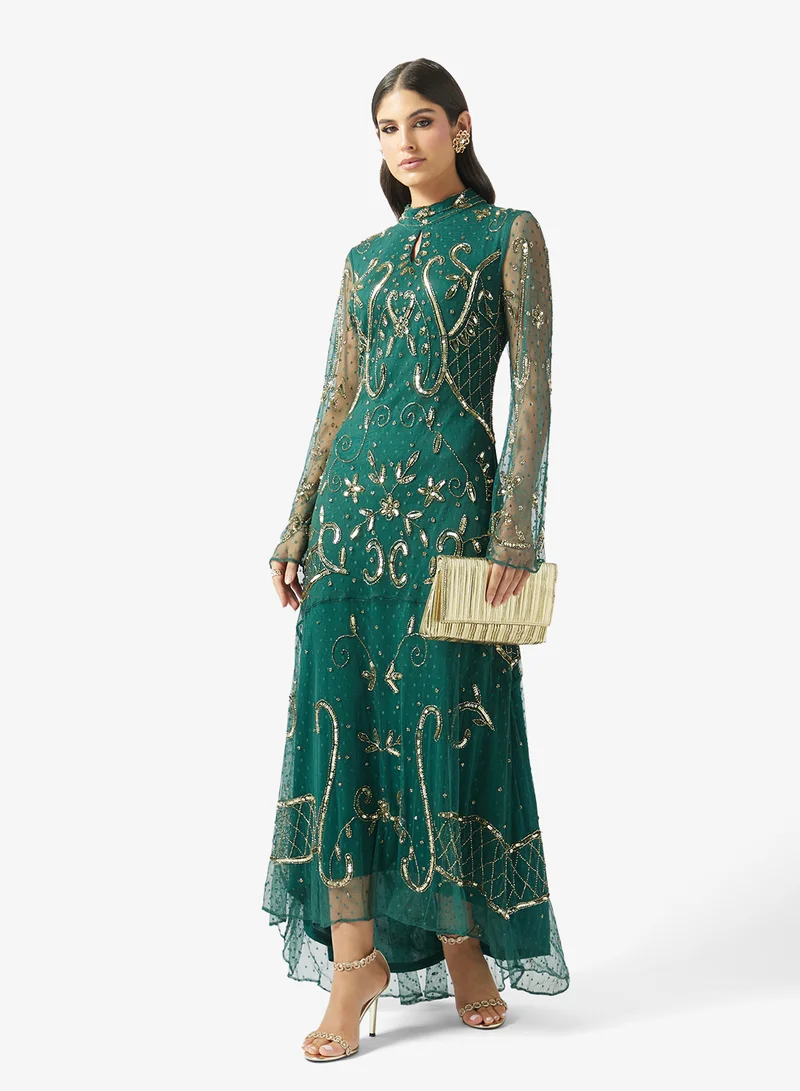 Frock And Frill Green Embellished Long Sleeve Maxi Dress for Women | Best Price UAE