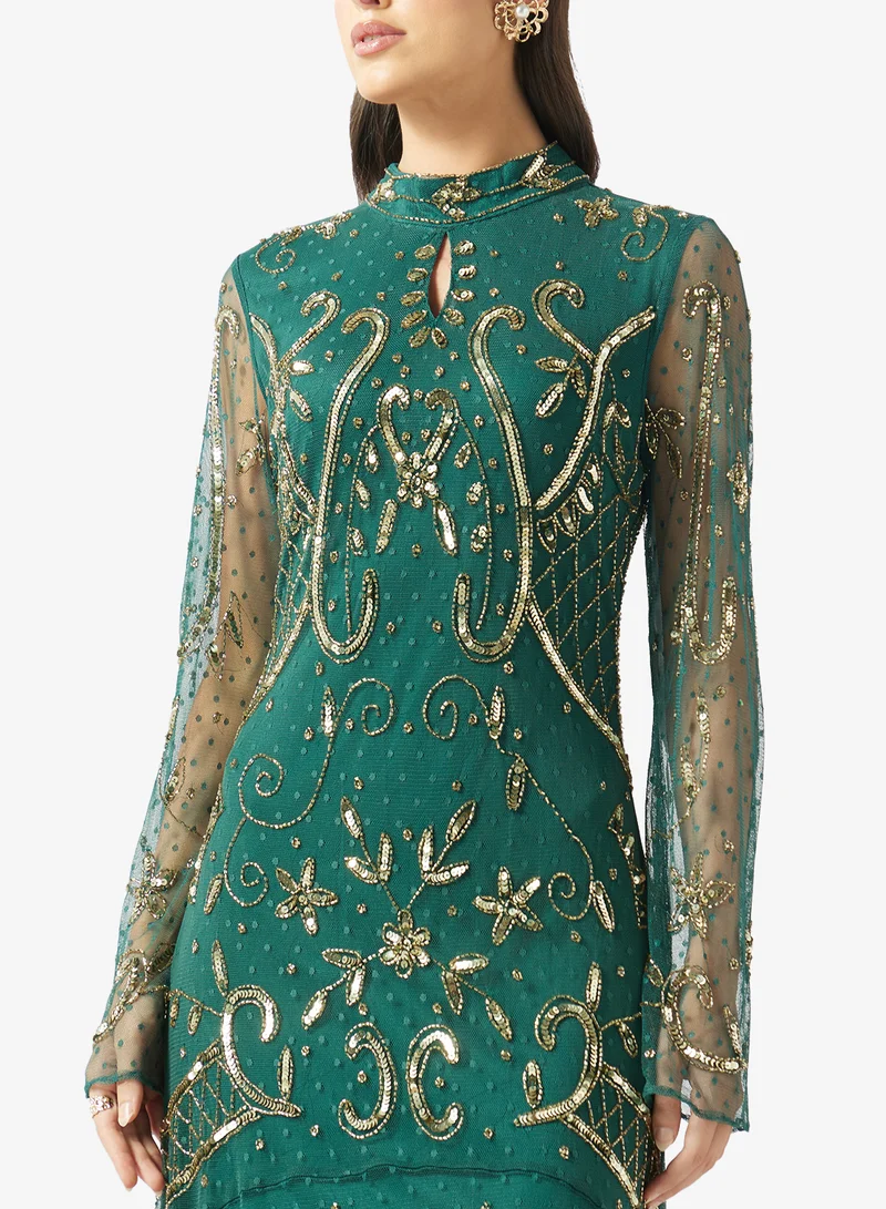 Frock And Frill Green Embellished Long Sleeve Maxi Dress for Women | Best Price UAE