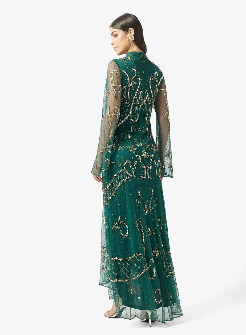 Frock And Frill Green Embellished Long Sleeve Maxi Dress for Women | Best Price UAE
