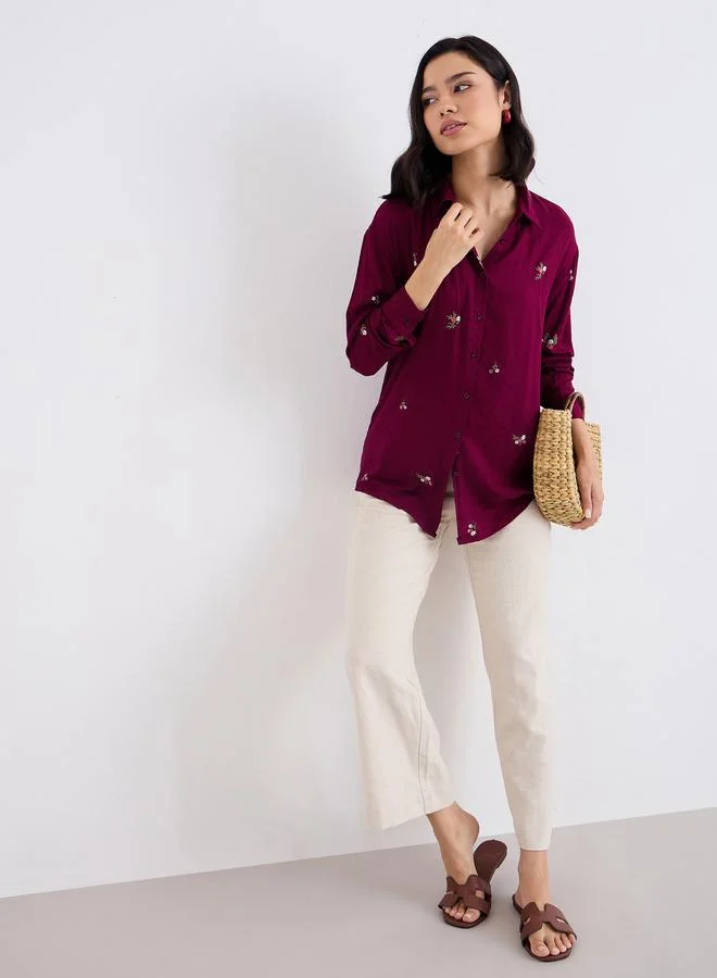 Styli Burgundy Embroidered Spread Collar Shirt