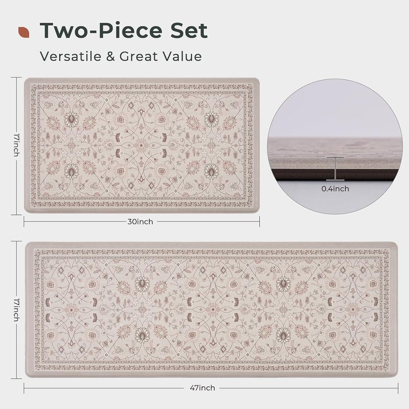 Fresh Mint Anti Fatigue Kitchen Mats for Floor 2 Piece Set, Waterproof & Non-Skid Vintage Floarl Kitchen Rugs, Cushioned Kitchen Mat for Standing Washable Comfort Desk Kitchen Runners, 17x30''+17x47'' - Image 5