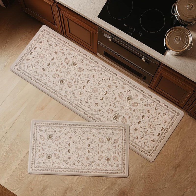Fresh Mint Anti Fatigue Kitchen Mats for Floor 2 Piece Set, Waterproof & Non-Skid Vintage Floarl Kitchen Rugs, Cushioned Kitchen Mat for Standing Washable Comfort Desk Kitchen Runners, 17x30''+17x47'' - Image 1