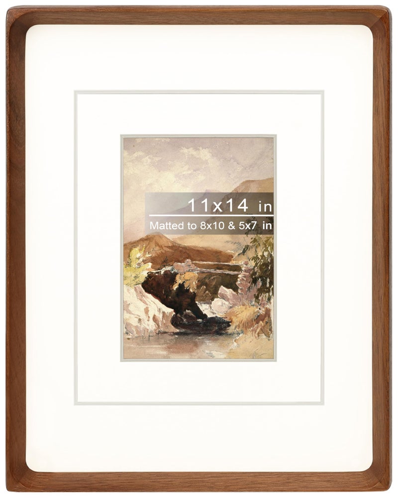 Gdfmsc 11x14 Picture Frame with Mat for 5x7/8x10, Natural Walnut Wood Handcrafted Rounded Corner with Real Glass, Vertical or Horizontal Display Photo Gallery Wall Mounting Frame - Image 1