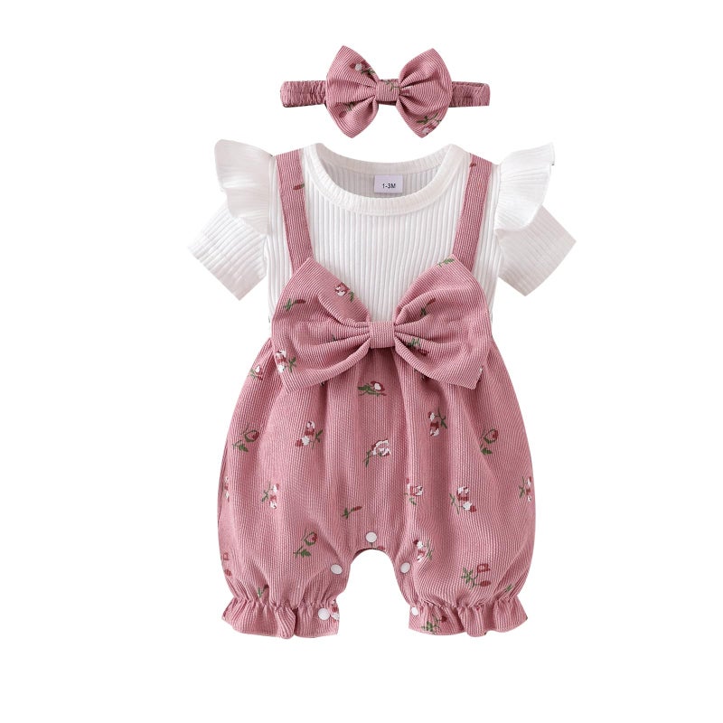 YINGISFITM Newborn Baby Girl Clothes Summer Short Sleeve Romper Floral Bow Short Jumpsuit Infant Cute Outfits (Pink, 6-9 Months) - Image 1