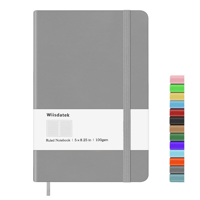 Wiisdatek Notebook Journal, Lined Leather Hard Cover,100Gsm Thick Paper with Inner Pocket for Writing Note Taking Office School,5"Ã—8.25"(Grey) - Image 1