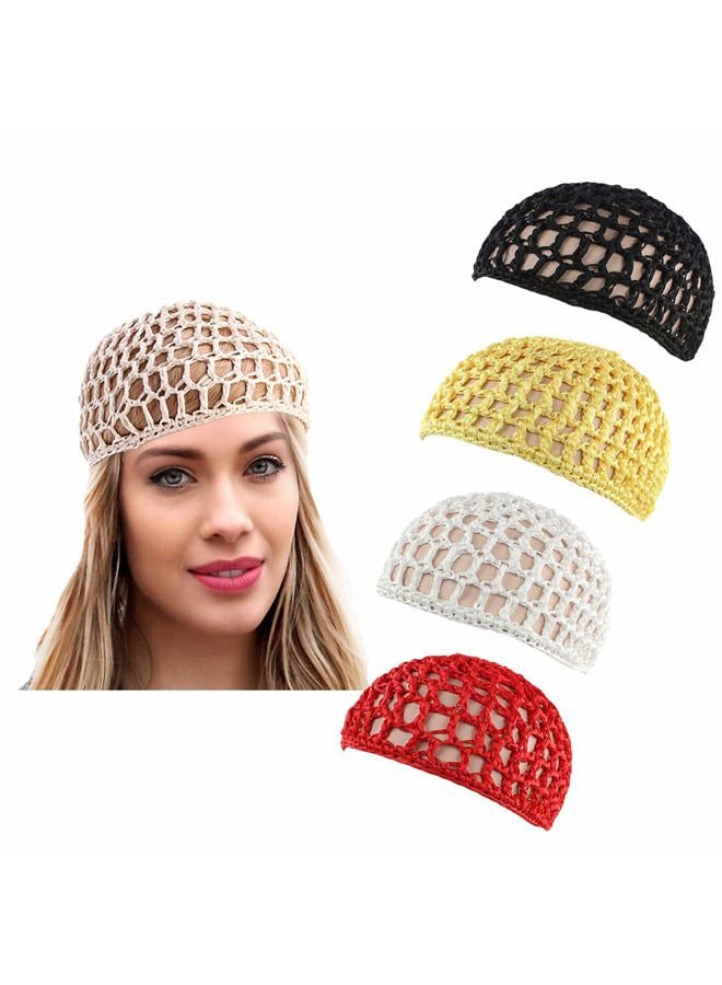 Cntqiang 4 Pieces Thick and Short Mesh Hair Net for Women Crochet Cap Snood Hat Hairnet Beanie Sleeping Hair Cover (Black+Yellow+White+Red) - Image 1