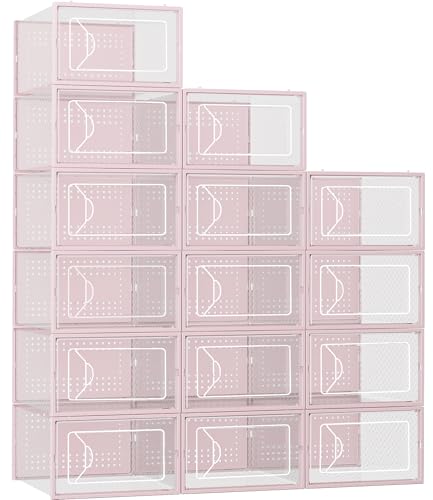 Foluck Shoe Storage Box, 15 Pack Clear Plastic Stackable Shoe Organizer for Closet, Interlocking Design Shoe Container Bins for Sneakers, Foldable Shoe Rack with Lids, Pink - Image 1