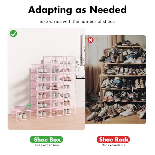 Foluck Shoe Storage Box, 15 Pack Clear Plastic Stackable Shoe Organizer for Closet, Interlocking Design Shoe Container Bins for Sneakers, Foldable Shoe Rack with Lids, Pink - Image 4