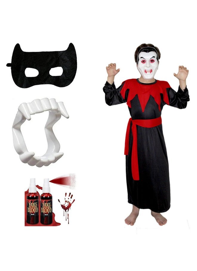 Kaku Fancy Dresses Kaku Fancy Dresses Polyester Scary Dracula Costume With Vampire Teeth, Face Mask & Fake Blood For Kids Halloween Costume Party,Black  - Image 1
