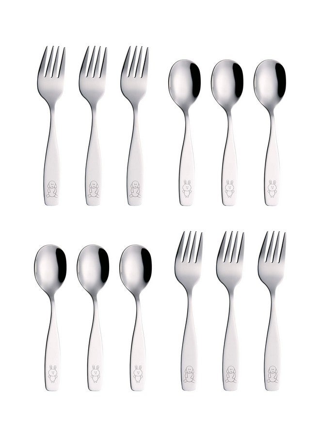 ANNOVA 12 Pieces Children's Safe Flatware/Cutlery/Silverware Set - Safe Kids Toddler Utensils Lunch Box (Engraved Dog Cat Bunny) (Stainless Steel, 12 Forks & Spoon) - Image 1