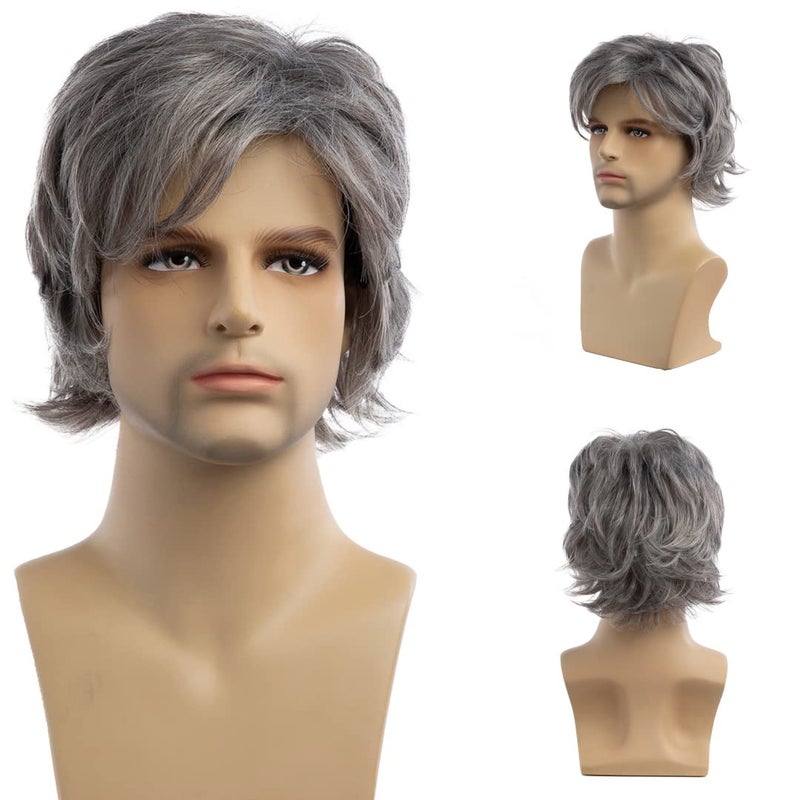 Mens Short Grey Wig Short Silver Gray Wigs Natural Synthetic Heat Resistant Hair Replacment Wig for Daily Party Costumes