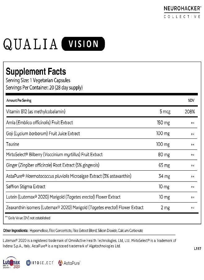 NEUROHACKER COLLECTIVE - Qualia Vision Eye Vitamin Supplement -10+ Clinically Researched Ingredients Including Lutein, Zeaxanthin, Bilberry, Goji, Amla Fruit -1x-Daily, Vegan, Non-GMO, Gluten-Free 20 count - Image 1