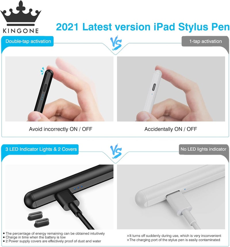 Kingone Stylus Pen,ipad Pencil With Ultra High Precision &Tilt Sensitivity,LED Power Display Strong Magnetic,Prevents False Touch,Universal iPad Stylus Pencil for iPa d 2018 & Later (Black) - Image 5